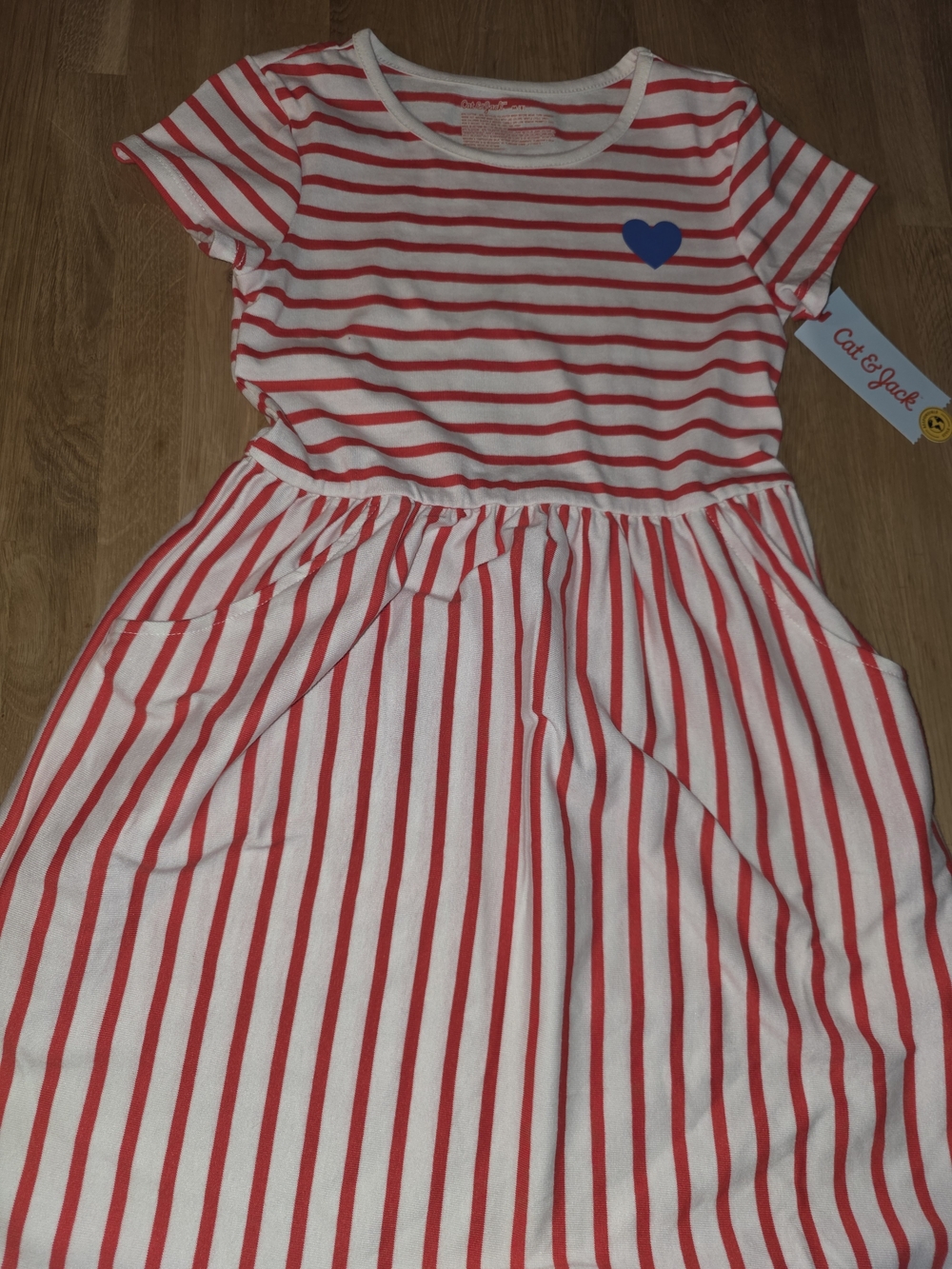 Cat & Jack Red and White Striped Dress with Blue Heart Patch Sz Medium 8 NWT
